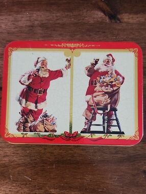 Coca Cola Coke Holiday Santa Tin Holding 2 Sets Of Sealed Playing Cards